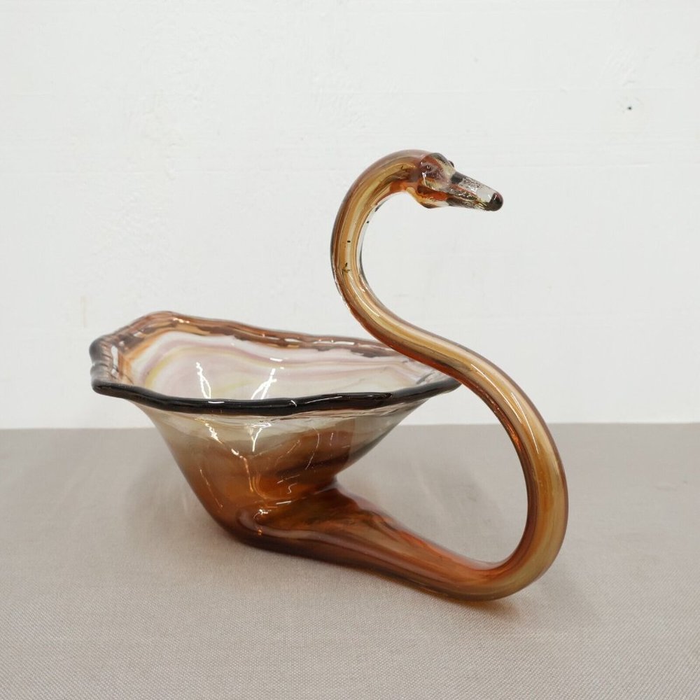 VTG Hand Blown Glass Swan Dish Candy Nut Trinket Bowl Purple Amber 7.5" × 11"